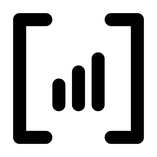 Coverage trend icon — A bracket pair with three bars climbing — coverage over time