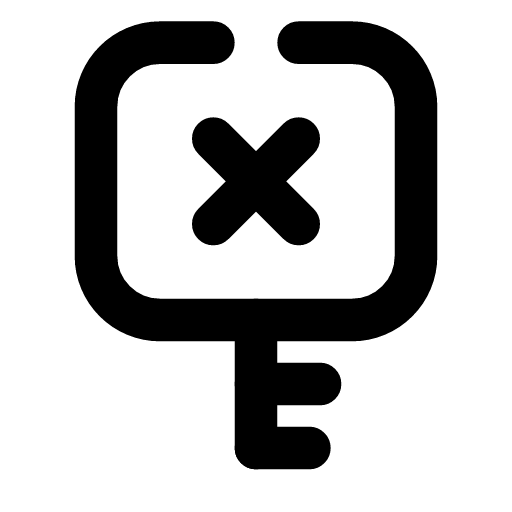 Key revoked icon — An upright key, an X in its bow — a credential that has been revoked