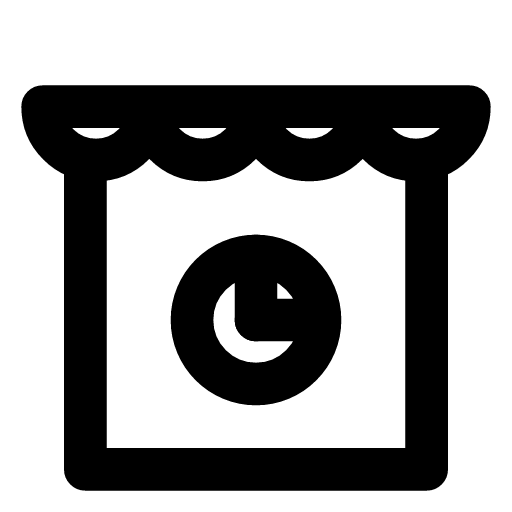Shop hours icon — The storefront with a clock in it — when the doors are open