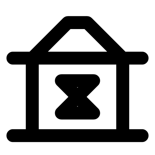 Transfer pending icon — The bank with an hourglass between its columns — money on its way, not yet there