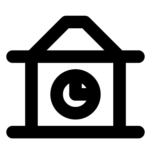 Scheduled transfer icon — The bank with a clock between its columns — money that will move on the day